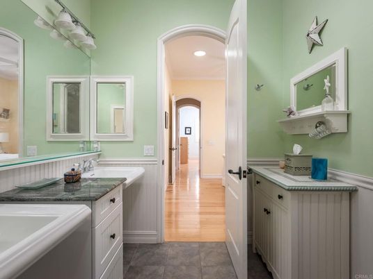 Bathroom, Dual Sink Vanities, Interior, Recessed Lighting, Wood Texture Flooring