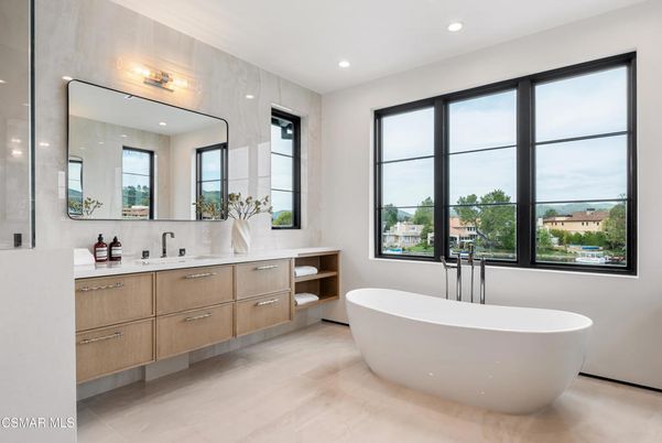 Bathroom, Dual Sink Vanities, Free Standing Baths, Interior, Recessed Lighting, Wood Texture Flooring