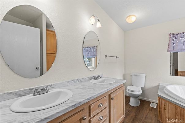Bathroom, Dual Sink Vanities, Interior, Tile Countertops, Wood Texture Flooring