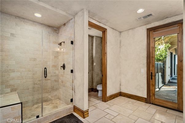 Bathroom, Glass Shower, Interior, Recessed Lighting, Stone Walls
