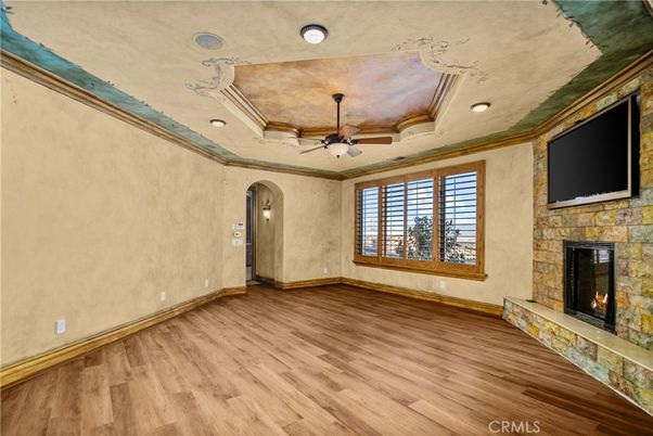 Empty room, Fireplace, Interior, Recessed Lighting, Wood Texture Flooring