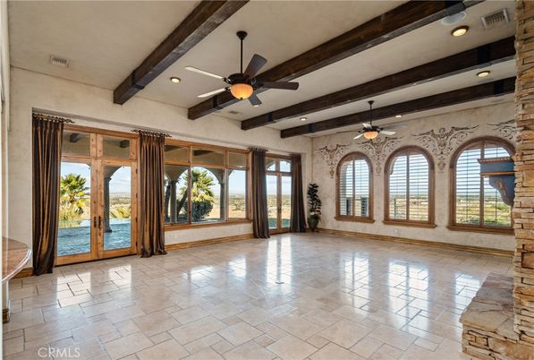 Empty room, Interior, Recessed Lighting, Stone Walls, Wooden Beams