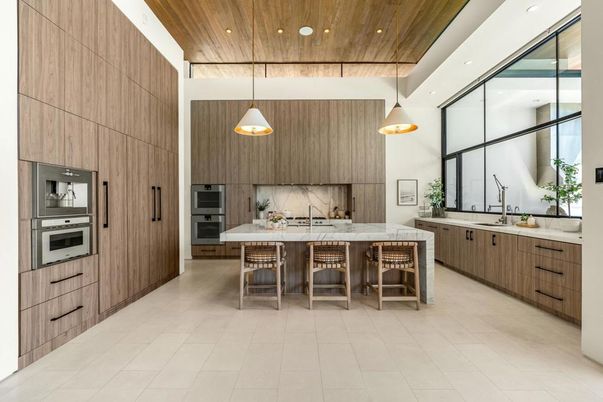 Interior, Kitchen, Pendant Lights, Recessed Lighting, Stainless Steel Appliances, Wooden Ceilings
