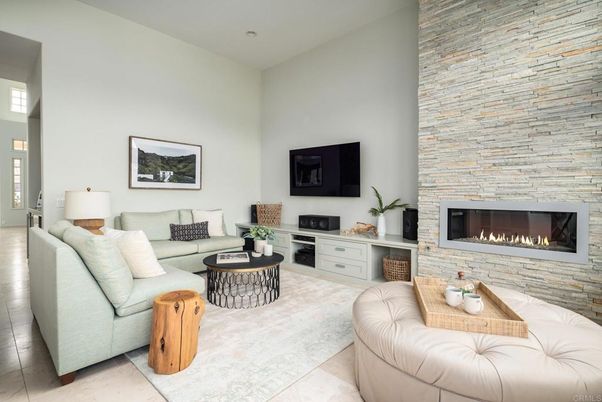 Fireplace, Interior, Living room, Recessed Lighting, Stone Walls