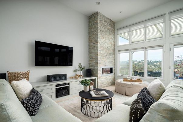 Fireplace, Interior, Living room, Recessed Lighting, Stone Walls