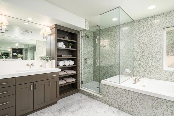Bathroom, Glass Shower, Interior, Marble, Recessed Lighting