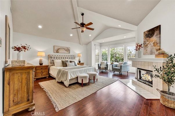 Bedroom, Fireplace, Interior, Recessed Lighting, Wood Texture Flooring