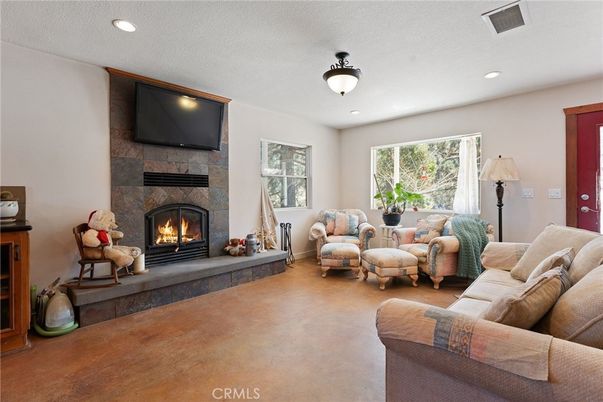 Fireplace, Interior, Living room, Recessed Lighting, Stone Walls
