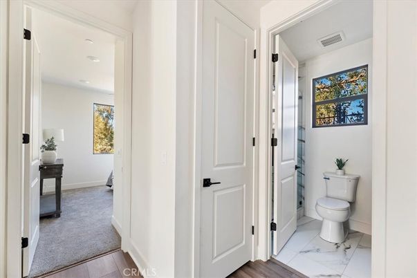 Bathroom, Interior, Marble, Recessed Lighting, Wood Texture Flooring