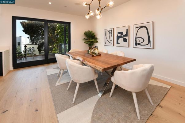 Dining room, Interior, Pendant Lights, Recessed Lighting, Wood Texture Flooring