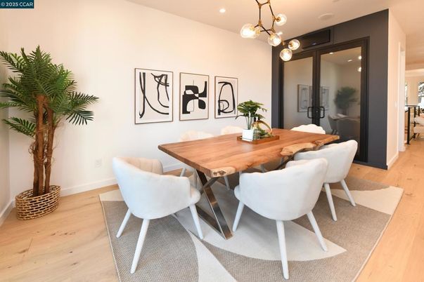 Dining room, Interior, Pendant Lights, Recessed Lighting, Wood Texture Flooring