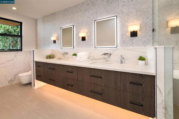 Bathroom, Dual Sink Vanities, Interior, Marble Walls, Recessed Lighting