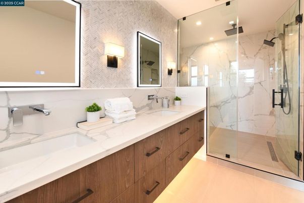 Bathroom, Dual Sink Vanities, Glass Shower, Interior, Marble Walls, Recessed Lighting
