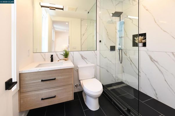Bathroom, Glass Shower, Interior, Marble Walls, Recessed Lighting
