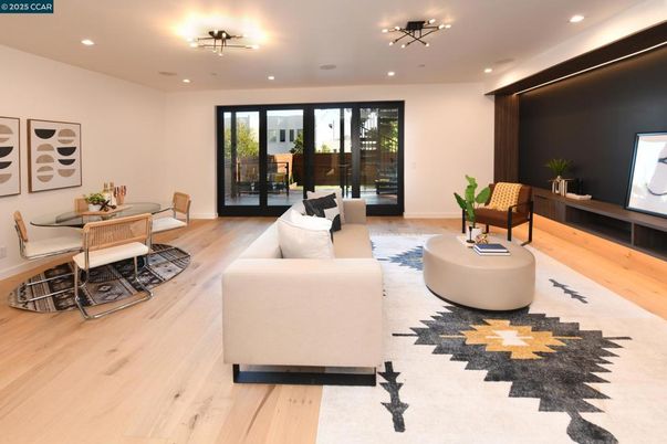 Dining room, Interior, Living room, Recessed Lighting, Wood Texture Flooring