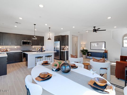 Dining room, Interior, Kitchen, Living room, Pendant Lights, Recessed Lighting, Stainless Steel Appliances, Wood Texture Flooring