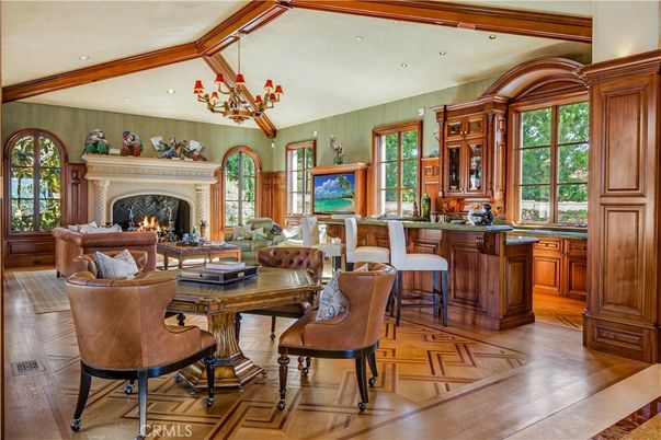 Chandelier, Fireplace, Interior, Living room, Recessed Lighting, Wood Texture Flooring
