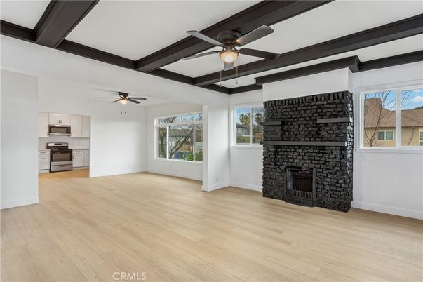 Empty room, Fireplace, Interior, Kitchen, Wood Texture Flooring