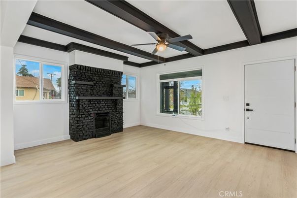 Empty room, Fireplace, Interior, Wooden Beams, Wood Texture Flooring