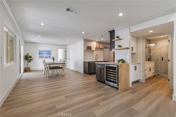 Dining room, Interior, Kitchen, Recessed Lighting, Wood Texture Flooring