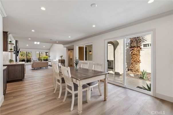 Dining room, Interior, Living room, Recessed Lighting, Wood Texture Flooring