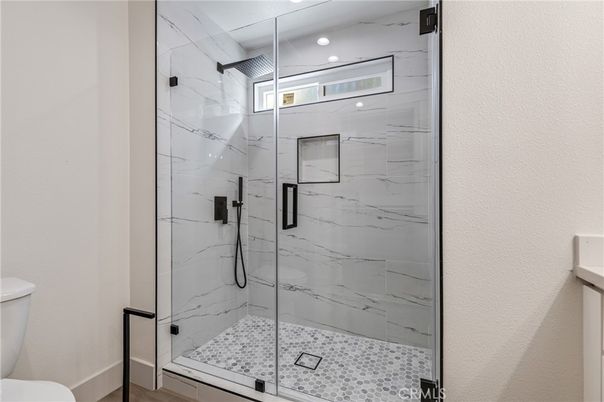 Bathroom, Glass Shower, Interior, Marble Walls, Recessed Lighting