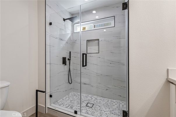 Bathroom, Glass Shower, Interior, Marble Walls, Recessed Lighting