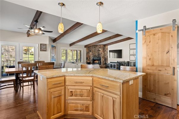 Dining room, Fireplace, Interior, Pendant Lights, Wooden Beams, Wood Texture Flooring