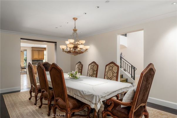 Chandelier, Dining room, Interior, Recessed Lighting, Wood Texture Flooring