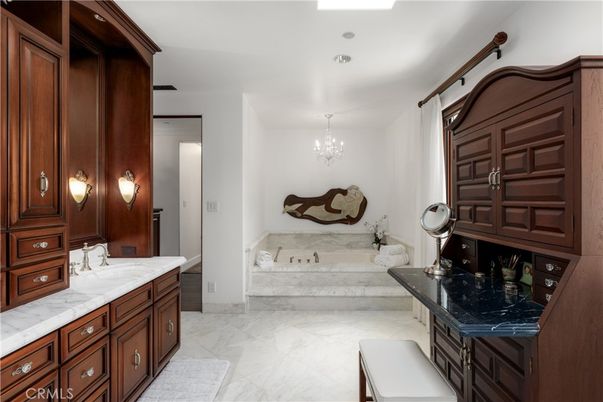 Bathroom, Chandelier, Dual Sink Vanities, Interior, Marble