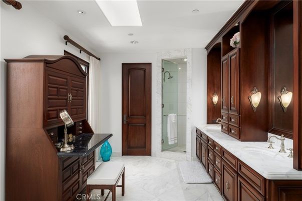 Bathroom, Dual Sink Vanities, Glass Shower, Interior, Marble, Recessed Lighting