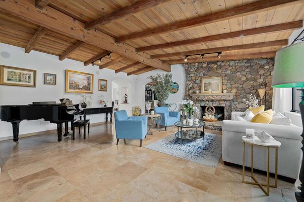 Fireplace, Interior, Living room, Piano, Stone Walls, Wooden Beams, Wooden Ceilings