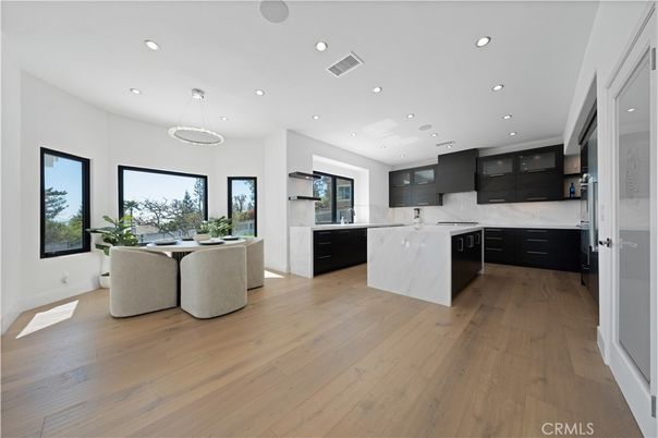 Dining room, Interior, Kitchen, Marble Walls, Pendant Lights, Recessed Lighting, Wood Texture Flooring