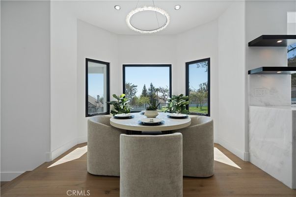 Dining room, Interior, Pendant Lights, Recessed Lighting, Wood Texture Flooring