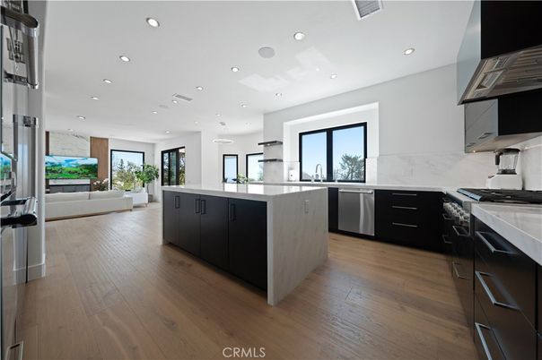 Interior, Kitchen, Living room, Marble Walls, Recessed Lighting, Stainless Steel Appliances, Wood Texture Flooring