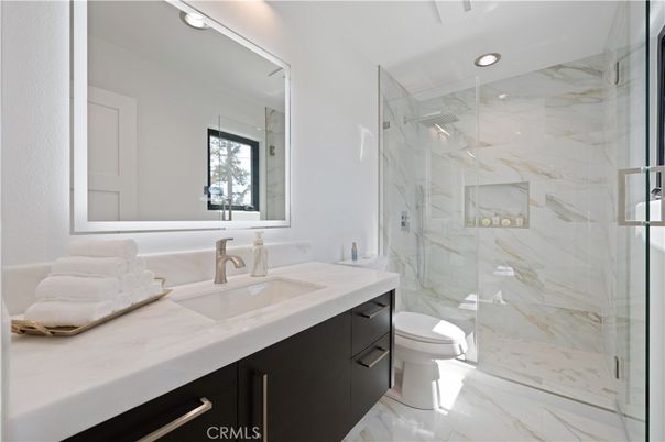 Bathroom, Glass Shower, Interior, Marble, Marble Walls, Recessed Lighting