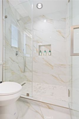 Bathroom, Glass Shower, Interior, Marble, Marble Walls, Recessed Lighting