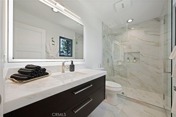 Bathroom, Glass Shower, Interior, Marble, Marble Walls, Recessed Lighting