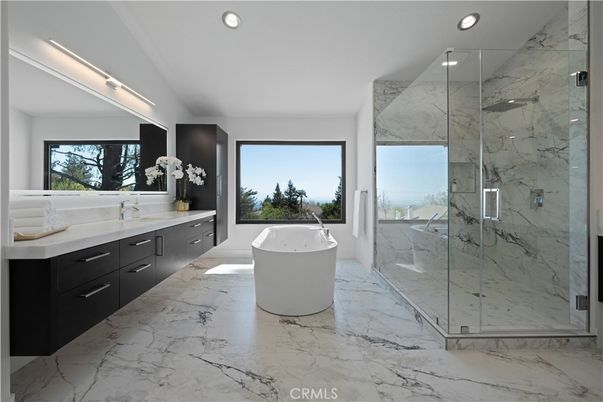 Bathroom, Free Standing Baths, Glass Shower, Interior, Marble, Marble Walls, Recessed Lighting