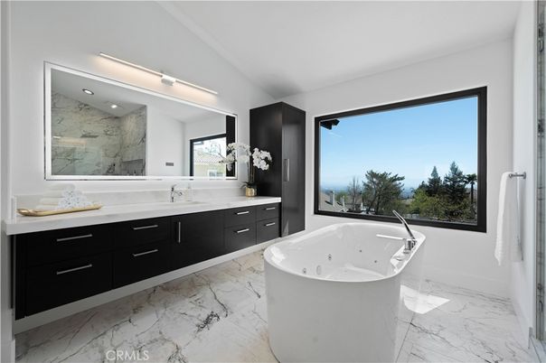 Bathroom, Dual Sink Vanities, Free Standing Baths, Interior, Marble, Marble Walls, Recessed Lighting