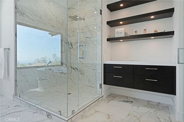 Bathroom, Glass Shower, Interior, Marble, Marble Walls, Recessed Lighting