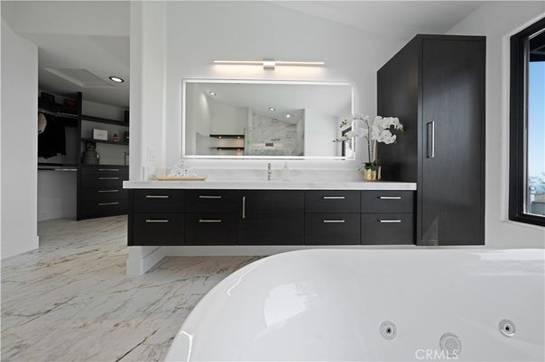 Bathroom, Dual Sink Vanities, Interior, Marble, Marble Walls, Recessed Lighting