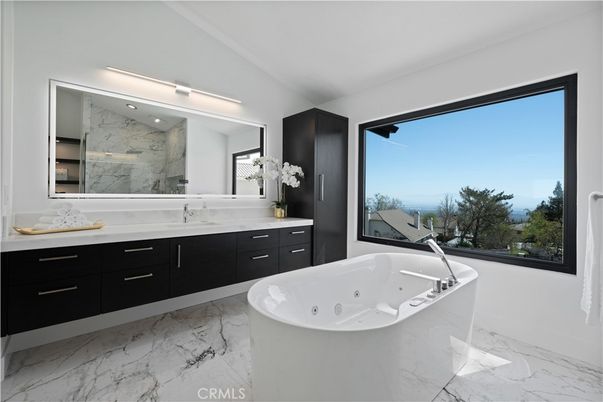 Bathroom, Dual Sink Vanities, Free Standing Baths, Interior, Marble, Marble Walls, Recessed Lighting