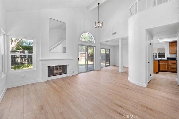 Fireplace, Interior, Pendant Lights, Wood Texture Flooring