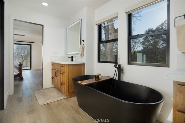 Bathroom, Free Standing Baths, Interior, Recessed Lighting, Wood Texture Flooring