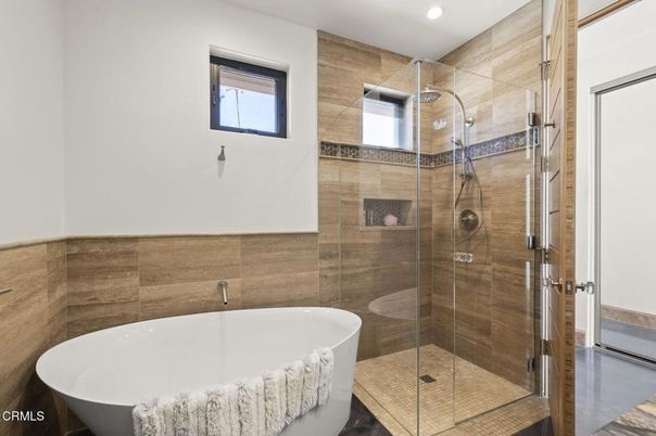 Bathroom, Free Standing Baths, Glass Shower, Interior, Recessed Lighting