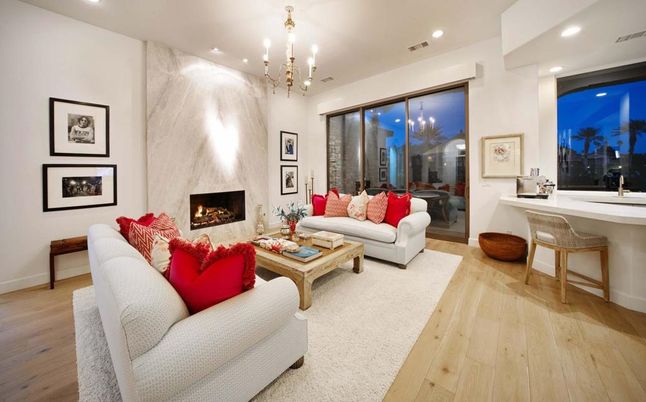 Fireplace, Interior, Living room, Marble Walls, Pendant Lights, Recessed Lighting, Wood Texture Flooring