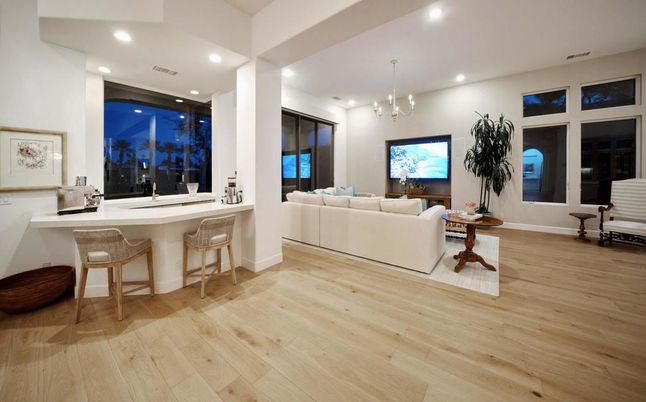 Interior, Living room, Pendant Lights, Recessed Lighting, Wood Texture Flooring