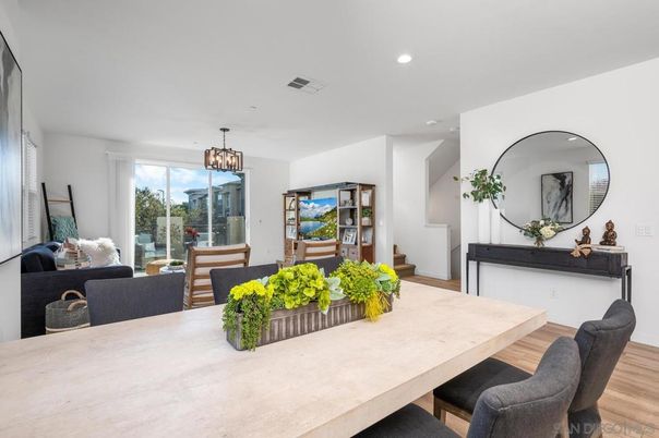 Dining room, Interior, Living room, Pendant Lights, Recessed Lighting, Wood Texture Flooring
