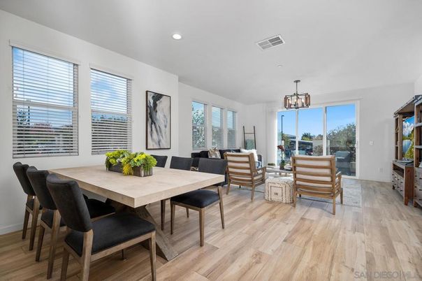 Dining room, Interior, Living room, Pendant Lights, Recessed Lighting, Wood Texture Flooring
